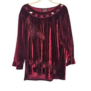 Krave Cherry Red Velvet Floral Embroidered Long Sleeve Tunic XL Vintage 90s Vamp